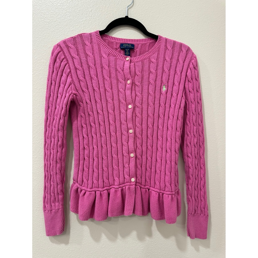 Polo Ralph Lauren Girls Pink Cable Knit Peplum Cardigan Sweater XL 16 Button Up